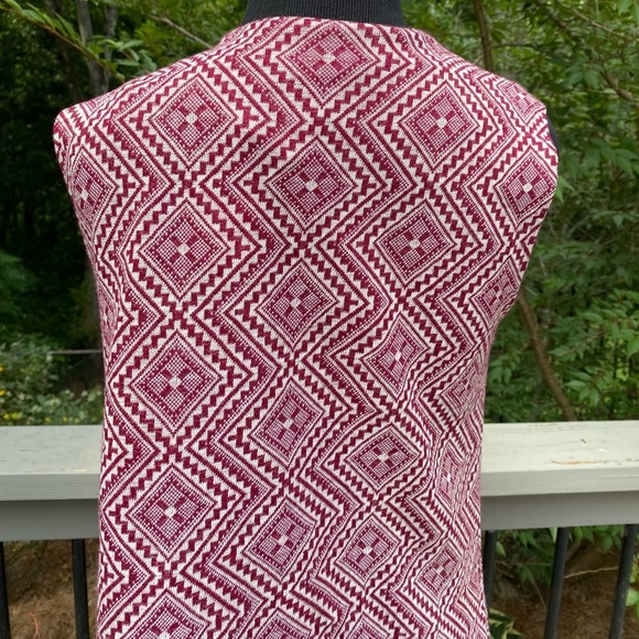 Vintage 70s Mod Funky Geometric Print Burgundy Long Vest - Picture 7 of 9